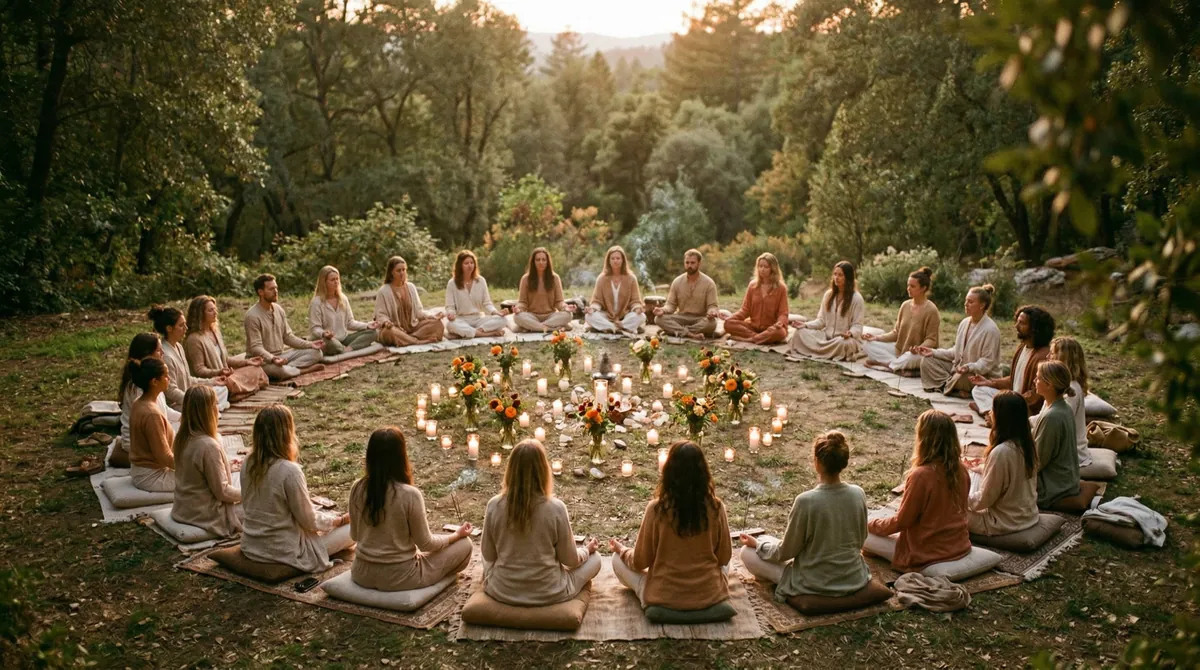 Real community gathering: souls meditating together in a sacred outdoor circle at sunset