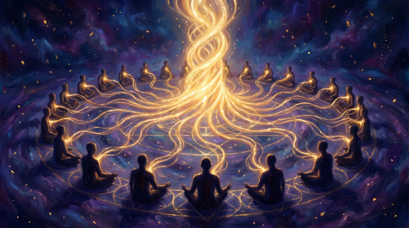A circle of souls in meditation, their hearts joined into one rising pillar of light